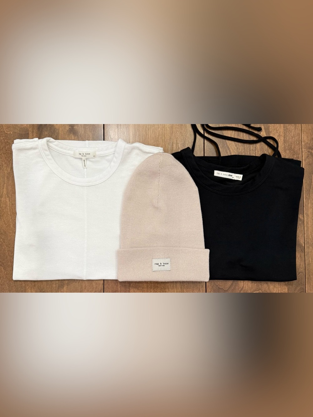 rag & bone Black Side Lace-Up, The Slub Tee in Bright White, & Addison Beanie
